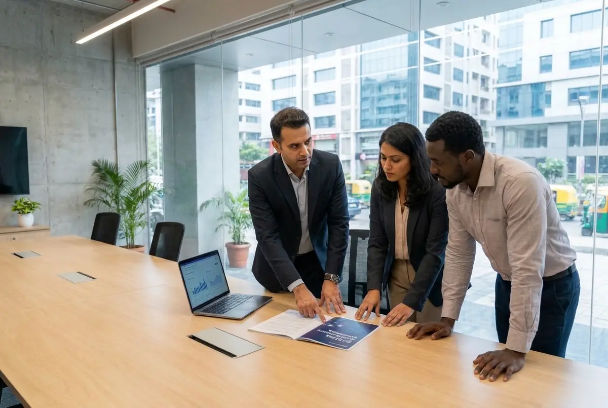 A team reviewing governance documents together around a table.
